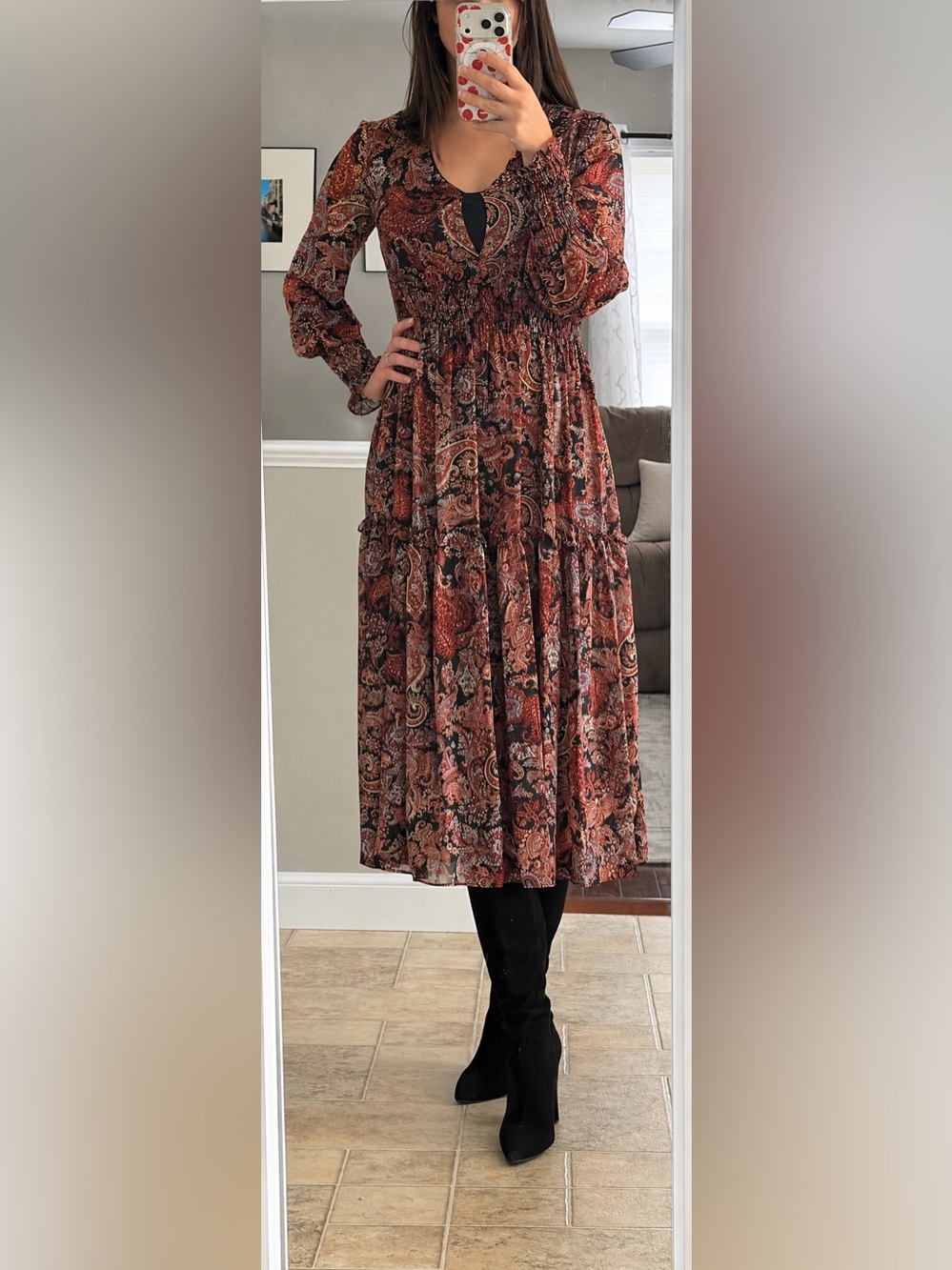 Just Taylor Paisley Midi Dress Red Black Long Sleeve Smocked Waist Size S